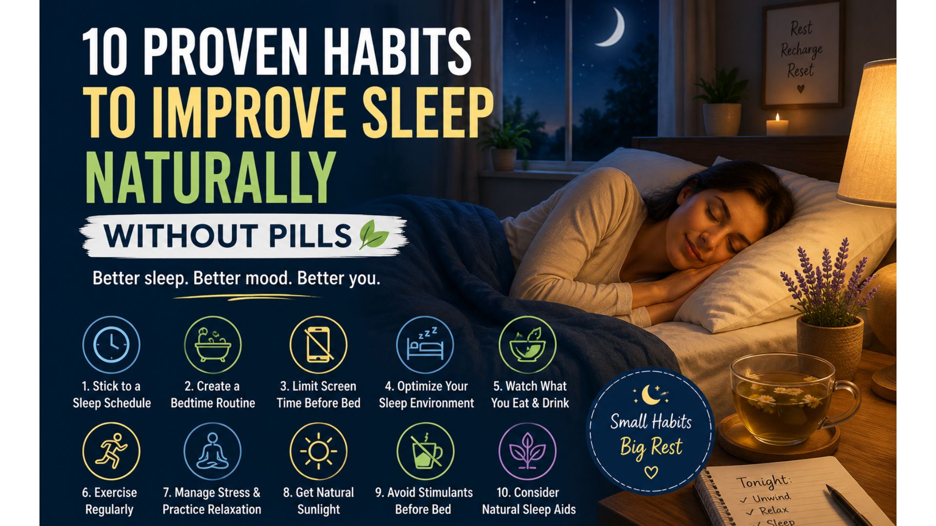 Woman sleeping peacefully in a cozy bedroom illustrating natural habits to improve sleep without pills
