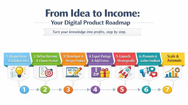 From Idea to Income: Your Digital Product Roadmap showing 7 steps to create, launch, and scale digital products