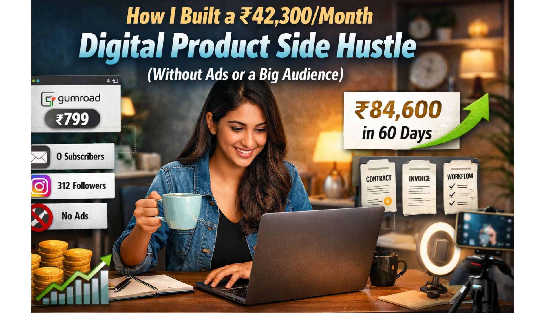 Woman building a ₹42,300 per month digital product side hustle without ads or big audience case study