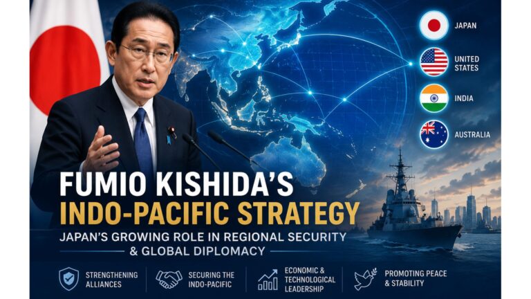 Fumio Kishida presenting Japan's Indo-Pacific strategy focused on regional security, strategic alliances, and global diplomacy.