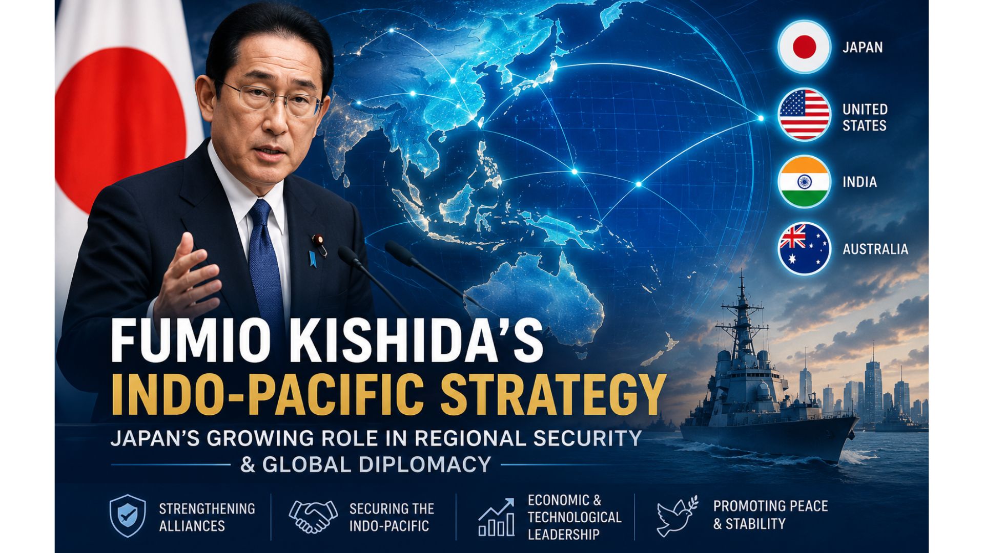 Fumio Kishida presenting Japan's Indo-Pacific strategy focused on regional security, strategic alliances, and global diplomacy.
