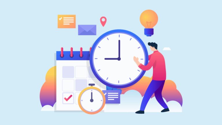 Clock on desk with planner and laptop representing effective time management techniques