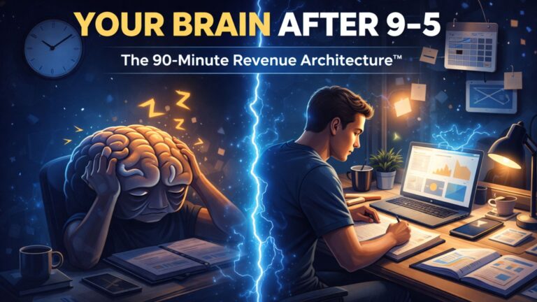 Split-screen illustration showing a tired brain after 9–5 contrasted with a focused professional working at night under the 90-minute revenue system.