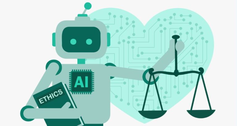 Humanoid robot split between light and dark background representing ethical debate in AI development