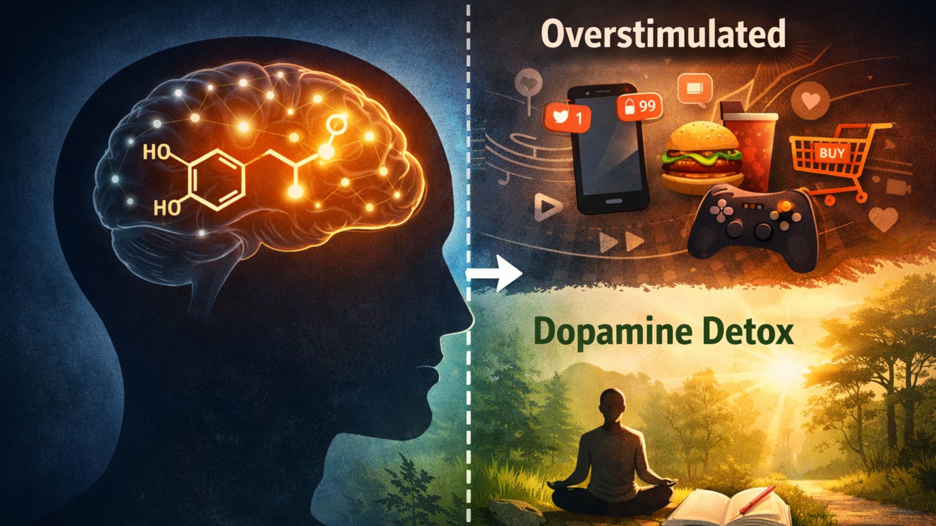 Dopamine detox concept illustration showing overstimulated brain with digital distractions contrasted with peaceful meditation in nature