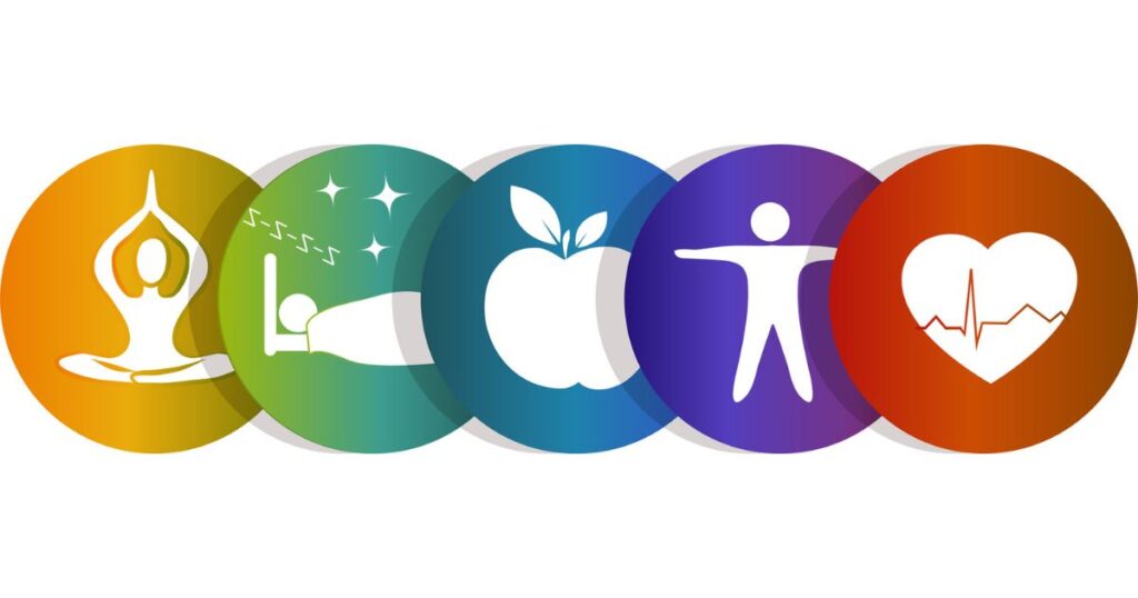 Healthy lifestyle concept showing fitness, nutrition, and mental wellness elements