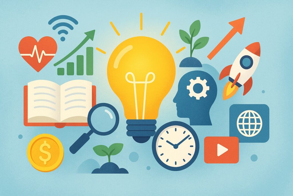 Illustration showing a journey of knowledge across categories like finance, wellness, technology, and lifestyle, for The Knowledge Pulse website.