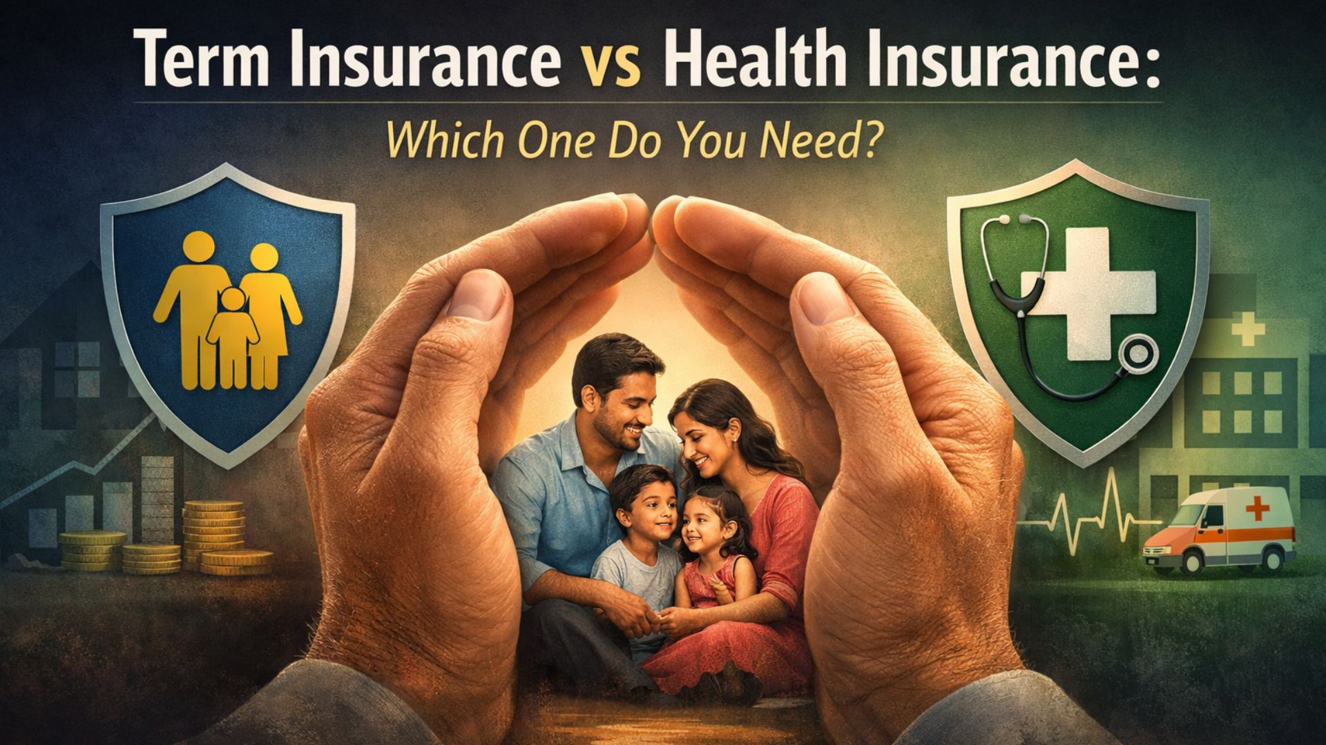 family protected by caring hands symbolizing term insurance vs health insurance financial coverage