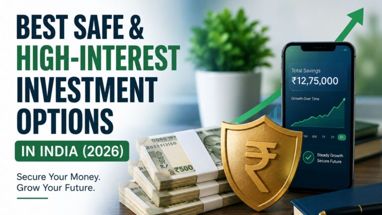 Best safe and high-interest investment options in India showing protected savings, Indian rupee currency, and steady financial growth in 2026
