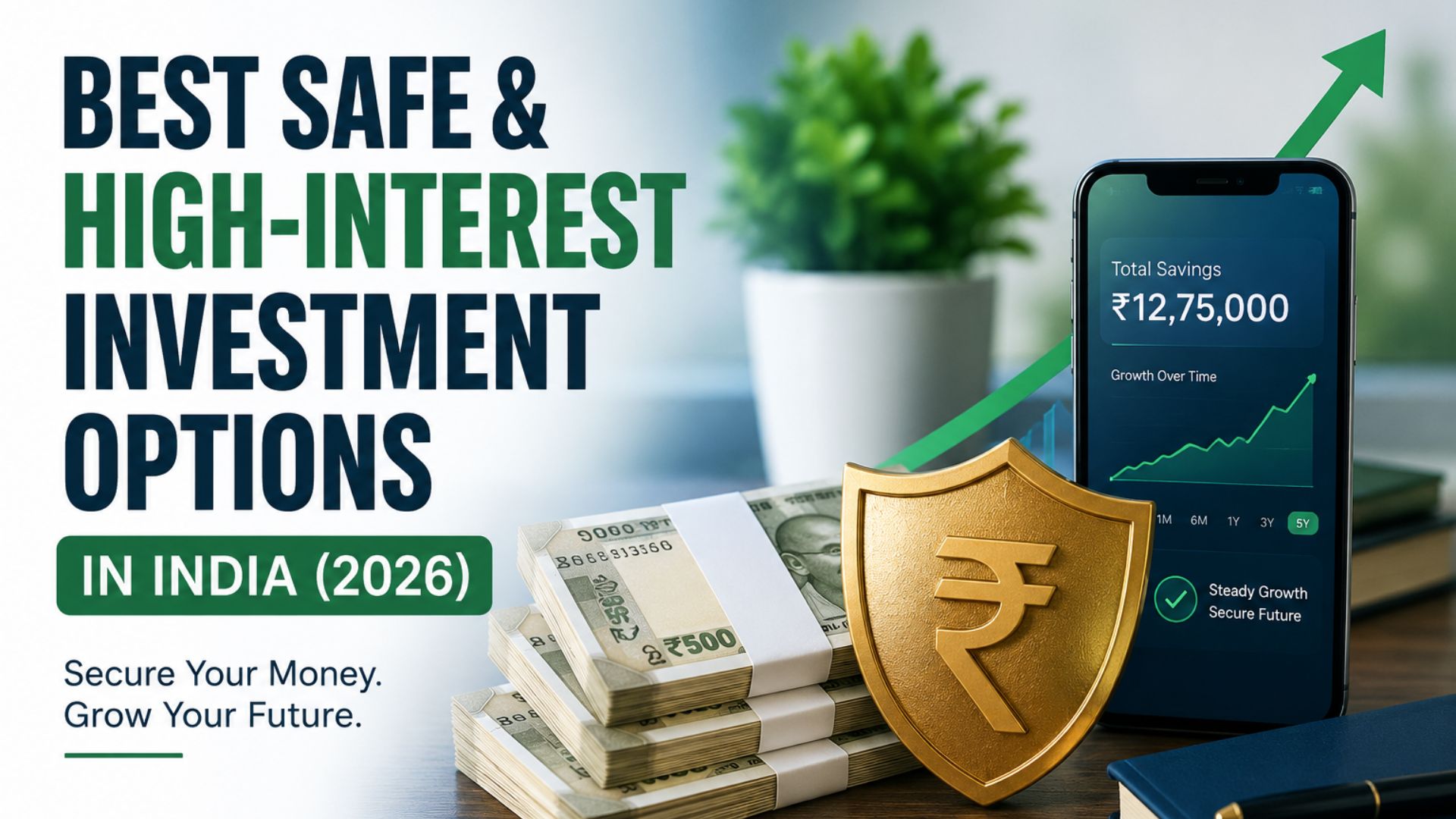 Best safe and high-interest investment options in India showing protected savings, Indian rupee currency, and steady financial growth in 2026