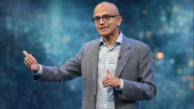 Satya Nadella delivering a keynote on Microsoft’s transformation and leadership.