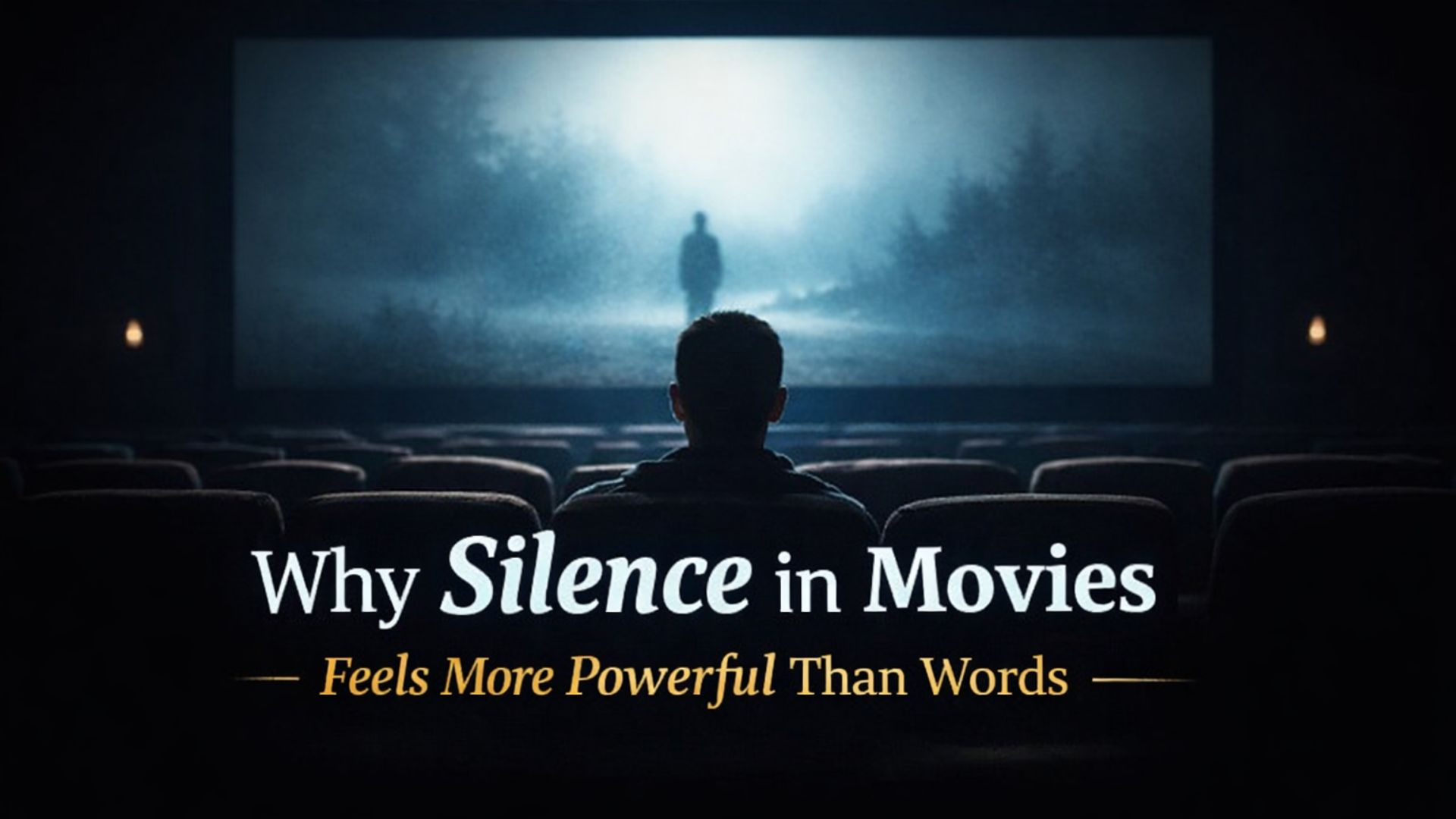 A man sitting alone in a dark cinema hall watching a silent emotional movie scene on screen