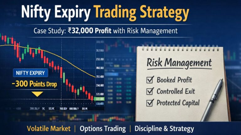 Nifty expiry trading strategy case study showing 300-point market drop with risk management checklist and options trading discipline concept