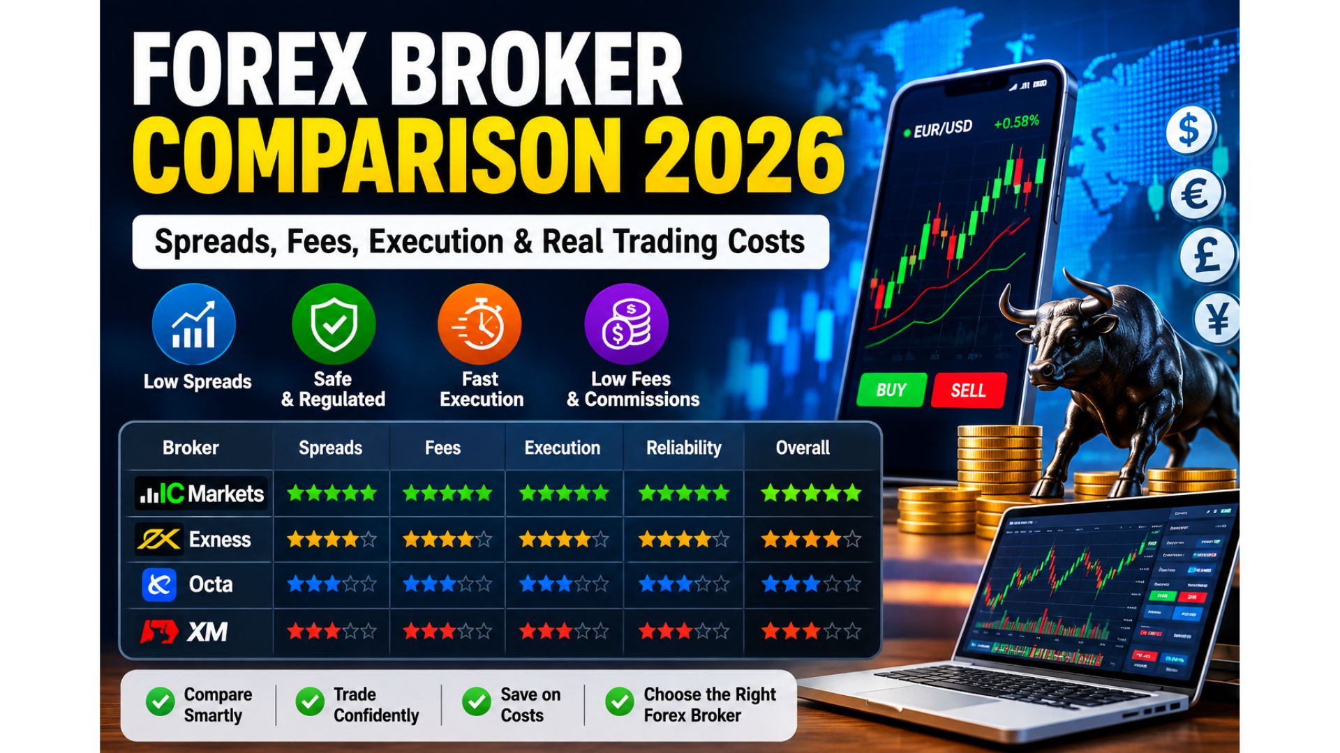 Forex broker comparison 2026 showing spreads fees execution and trading costs