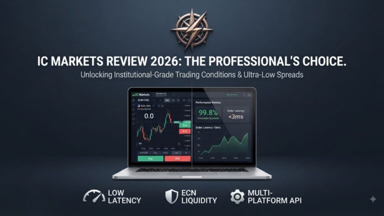IC Markets Review 2026 featured image displaying a trading laptop with low latency charts and ECN liquidity indicators.