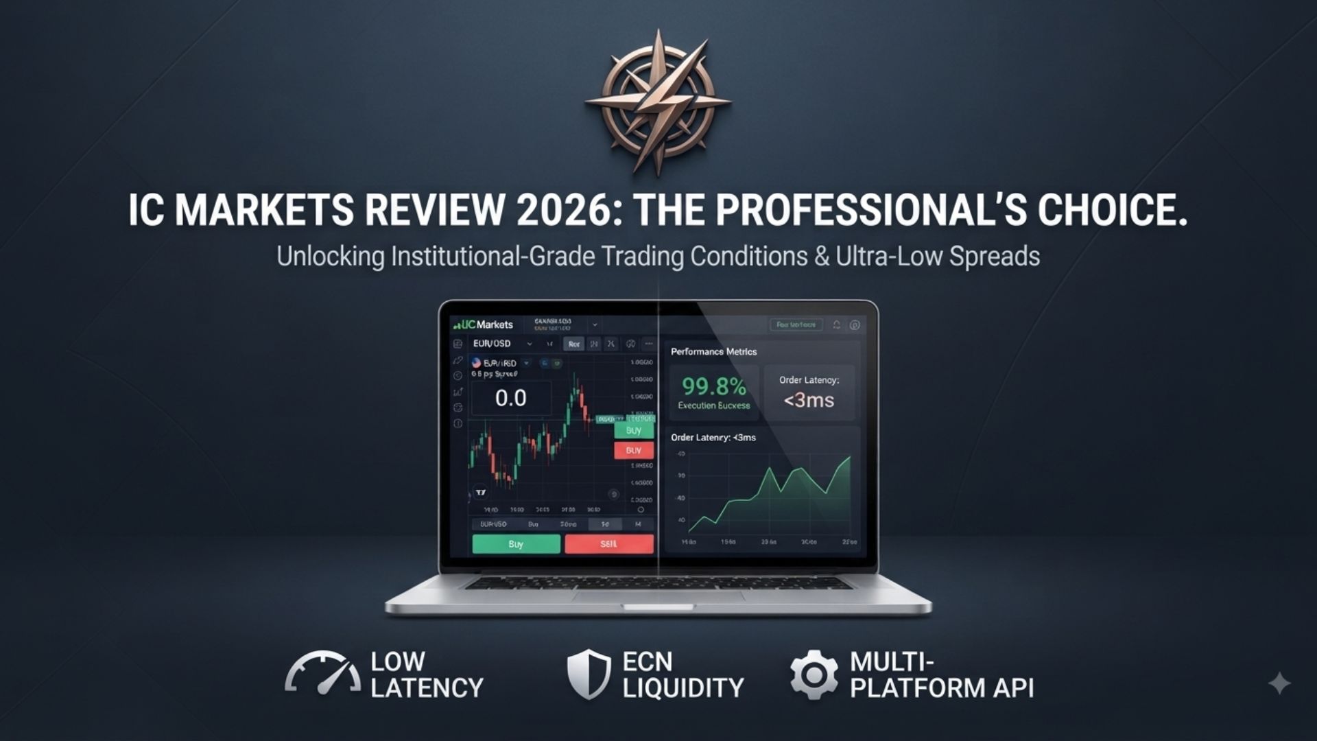 IC Markets Review 2026 featured image displaying a trading laptop with low latency charts and ECN liquidity indicators.