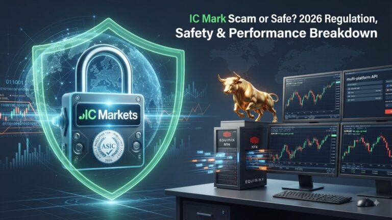 IC Markets review 2026, featuring a digital lock, regulatory seal, trading charts, and a golden bull, illustrating safety and performance.