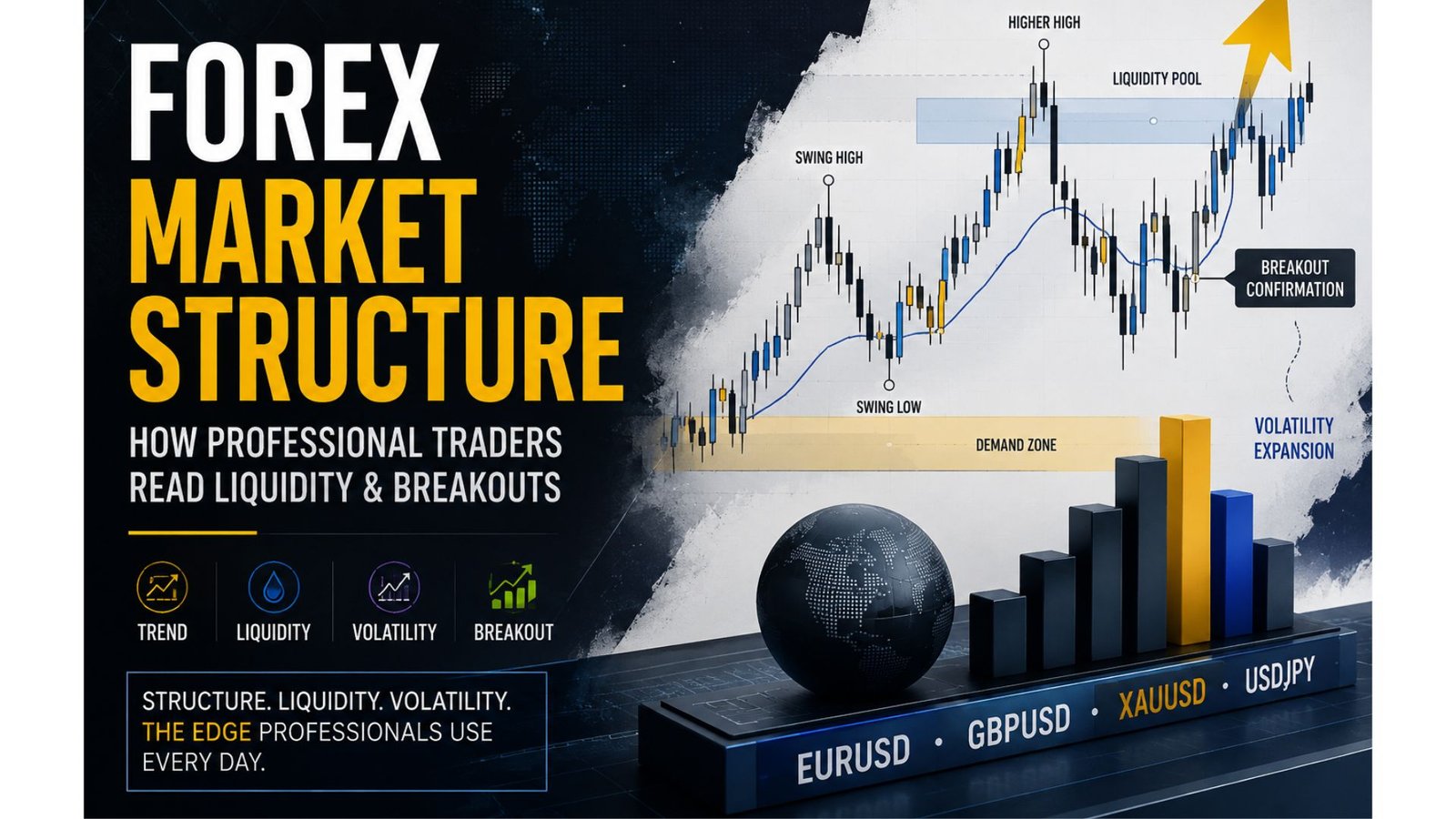 Forex market structure showing liquidity, volatility and breakout analysis