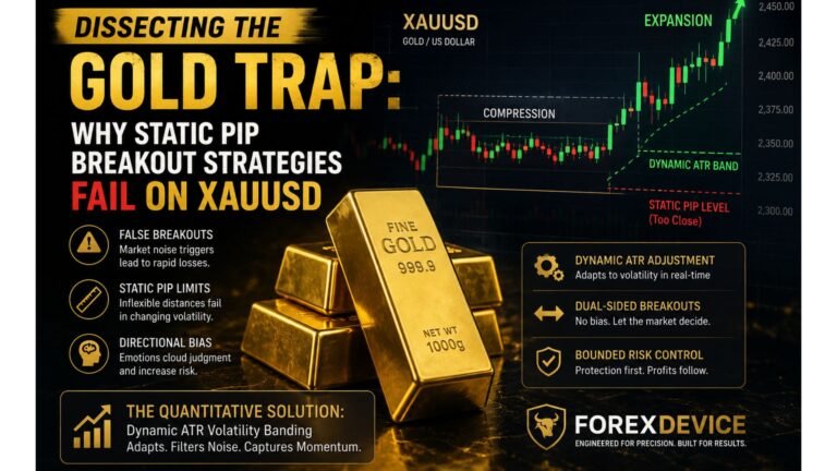 XAUUSD gold trap showing why static pip breakout strategies fail and dynamic ATR volatility bands improve breakout execution