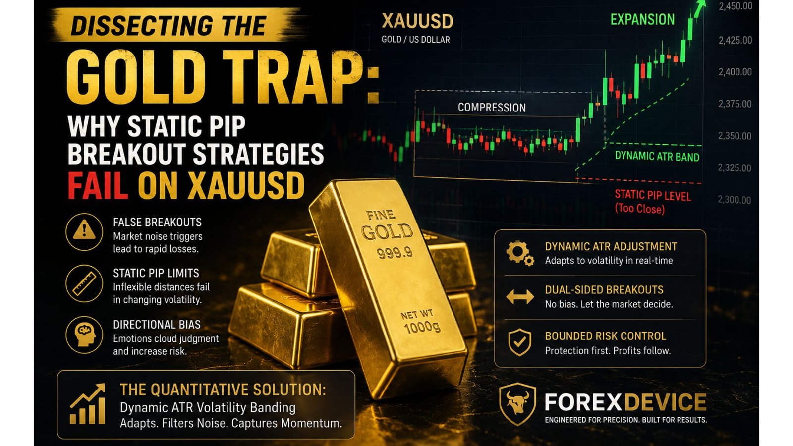 XAUUSD gold trap showing why static pip breakout strategies fail and dynamic ATR volatility bands improve breakout execution