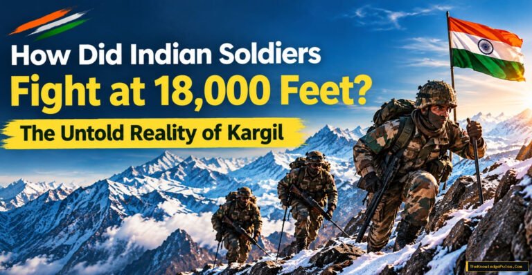 Indian soldiers climbing a snow-covered Himalayan mountain during the Kargil War at extreme high altitude.