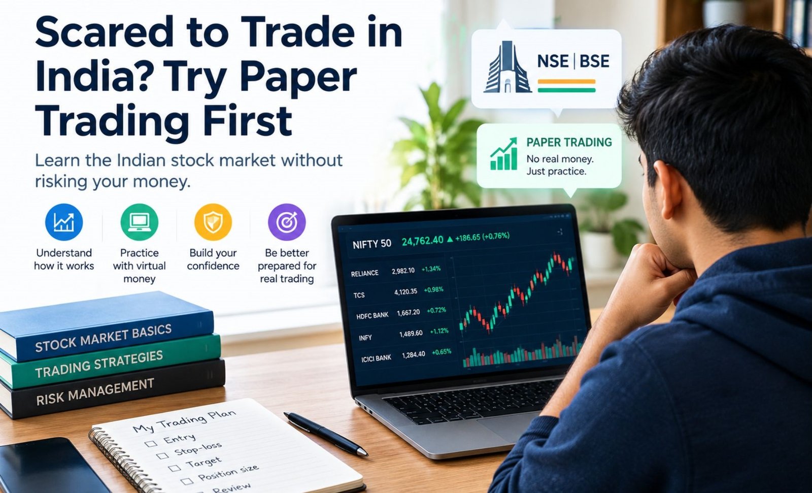 Beginner learning paper trading for NSE and BSE in India