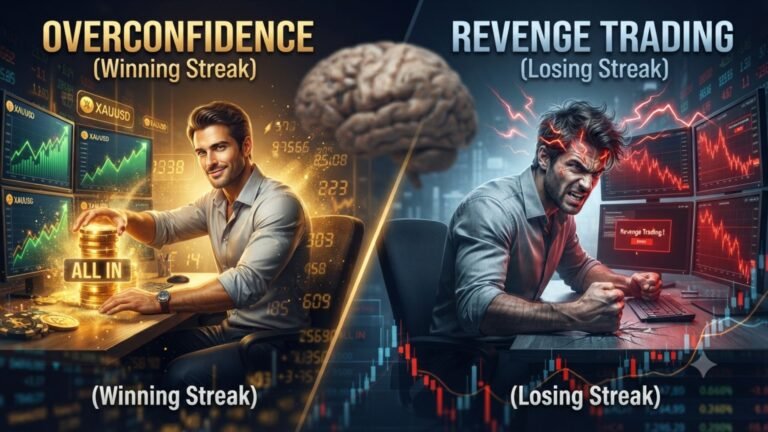 Trading psychology showing overconfidence after winning streaks and revenge trading after losses