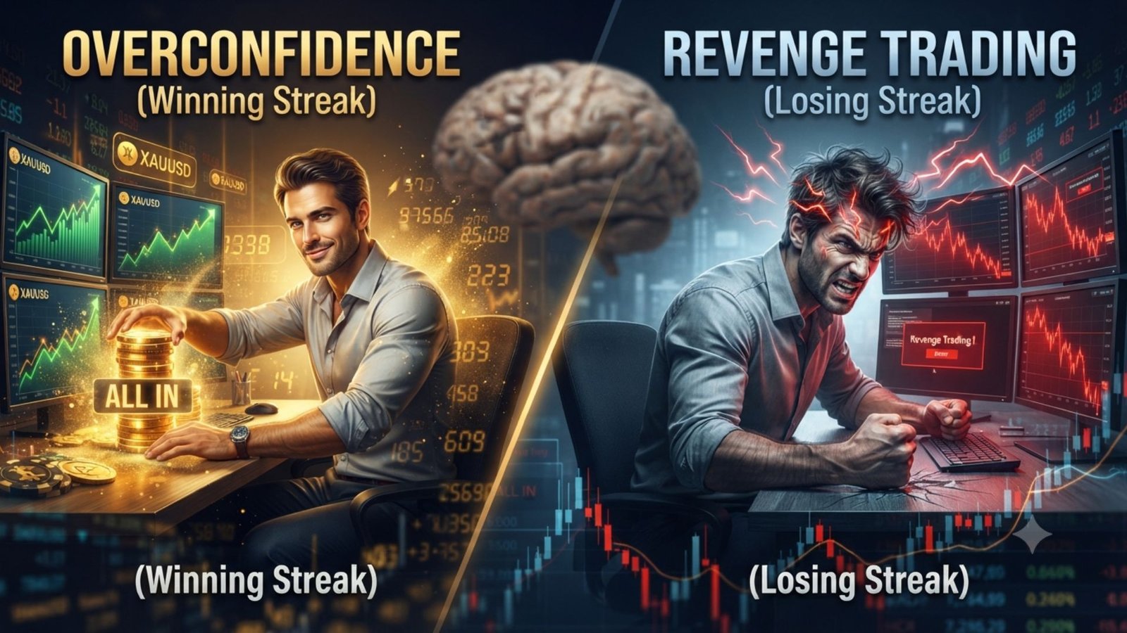 Trading psychology showing overconfidence after winning streaks and revenge trading after losses