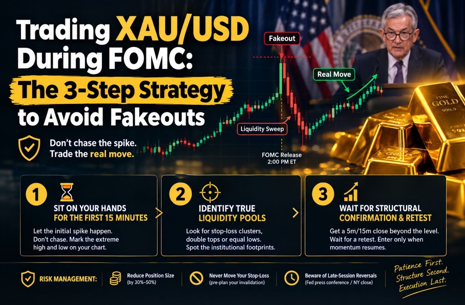 Trading XAU/USD during FOMC using a 3-step strategy to avoid fakeouts