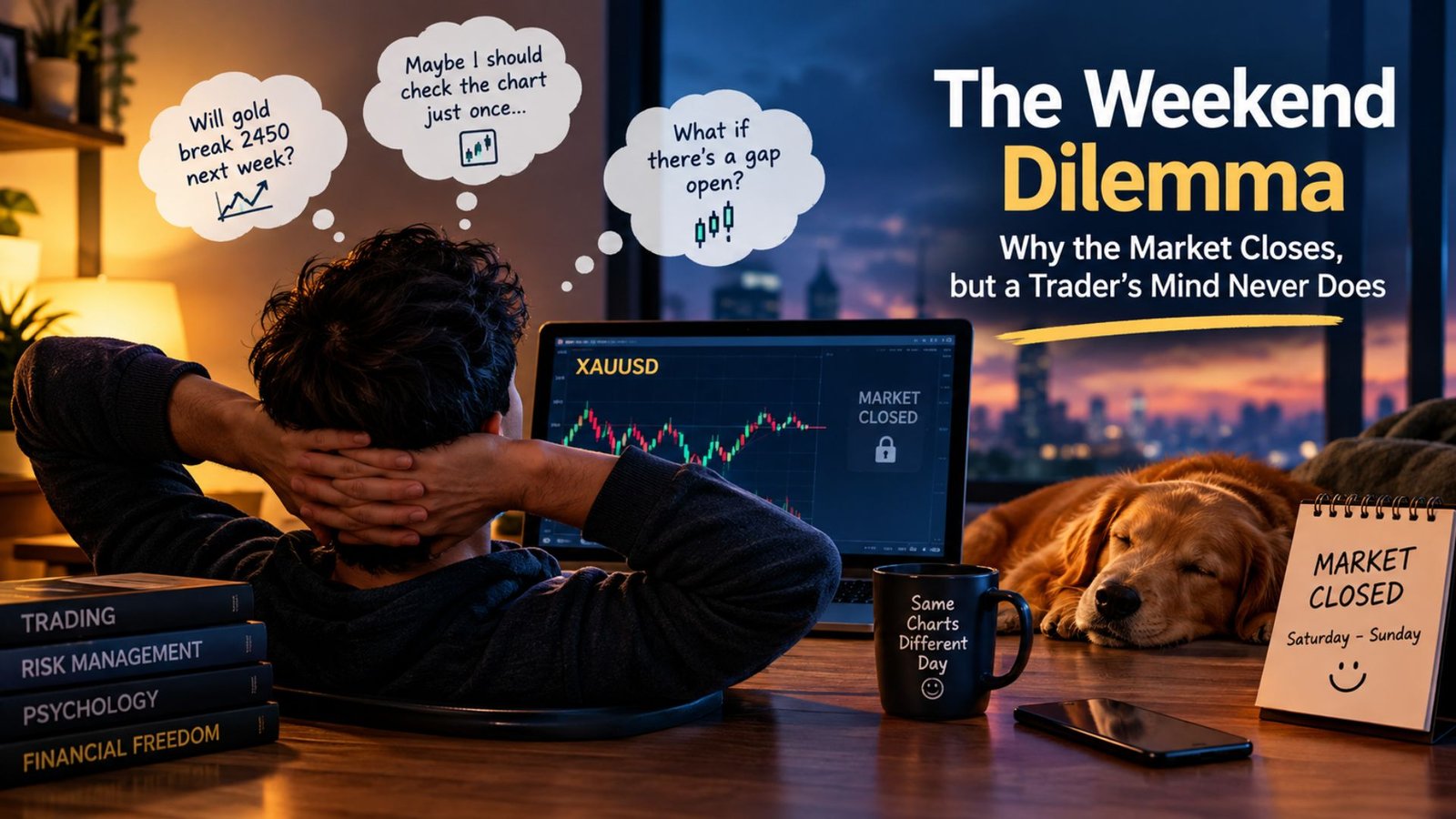 Forex trader checking a closed XAUUSD gold chart during the weekend while thinking about the next market opening